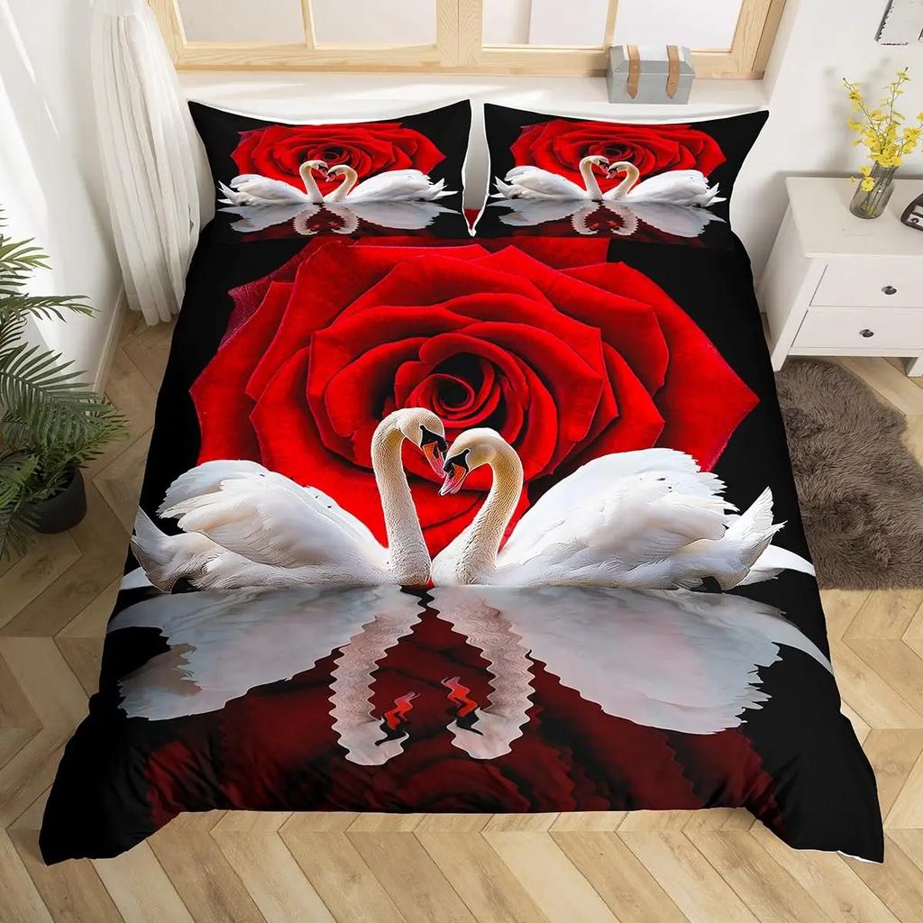 3D White Swan Bedding Set Red Floral Rose Printed Duvet Cover Set Cute Animal Super Soft Polyester Covers Gift For Lover