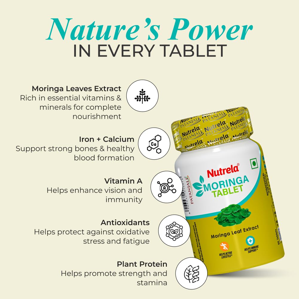 Nutrela 1000 mg Moringa Leaf Extract  60 Tablets x Pack of 2 | Immunity, Digestion & Energy Support, Hair and Skin Wellness