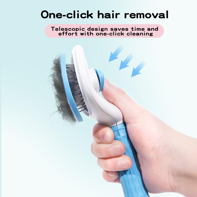 Automatic Hair Release Pet Grooming Brush Blue Two-Tone Ergonomic Handle Anti-Scratch Steel Pin Brush for Long Short Haired Pets