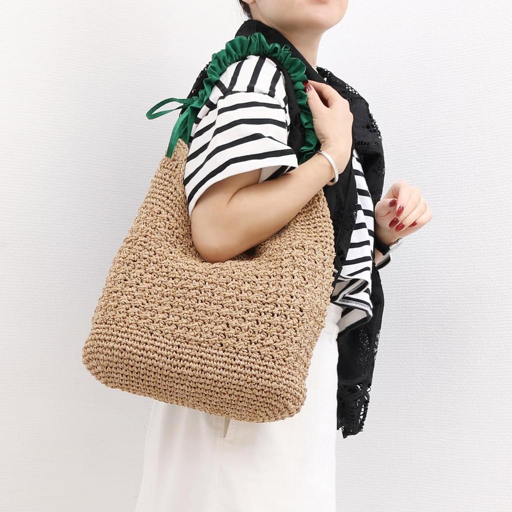 Drawstring frill handle woven tote bag