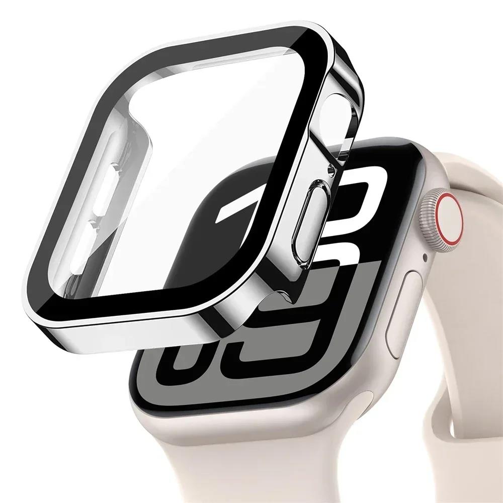 Glass+Case For Apple Watch 42mm 46mm 45mm 41mm 44mm 40mm Straight Edge Screen Protector Cover Case iWatch SE 3 6 7 8 9 10 11 7
