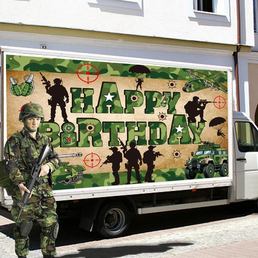 Banner Moderner Hintergrund für Geburtstagsfeiern und Partydekorationen mit Militärmotto
