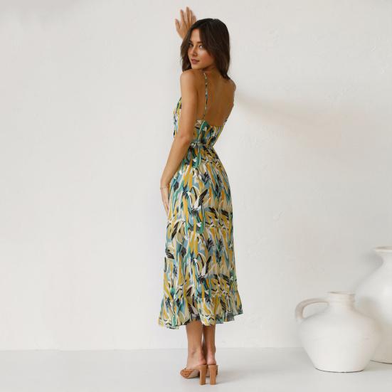 Summer Beach Dress V Neck Sleeveless Spaghetti Strap Shirring Backless Colorful Print Back Zipper Strappy Waist Vacation Sundress Holiday Slip Dress