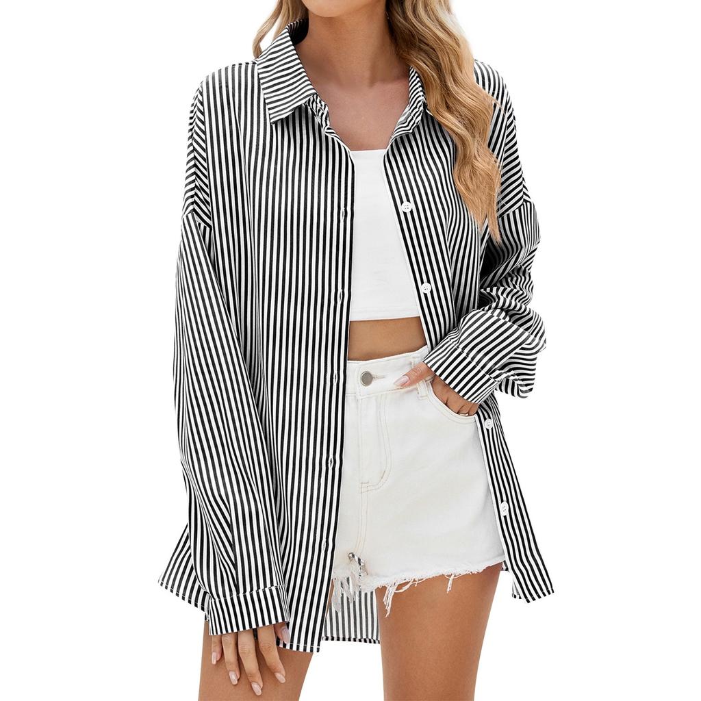Women's Lapel Striped Loose Long Sleeved Shirt Top