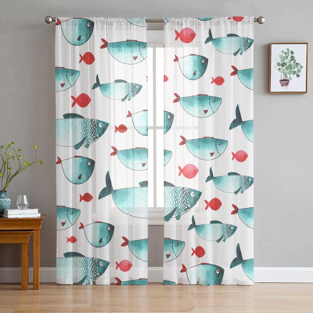 Transparente Fenstervorhänge mit lila Fisch-Aquarellmalerei für Wohnzimmer, Schlafzimmer, Mädchenzimmer, Dekoration, Tüllvorhänge