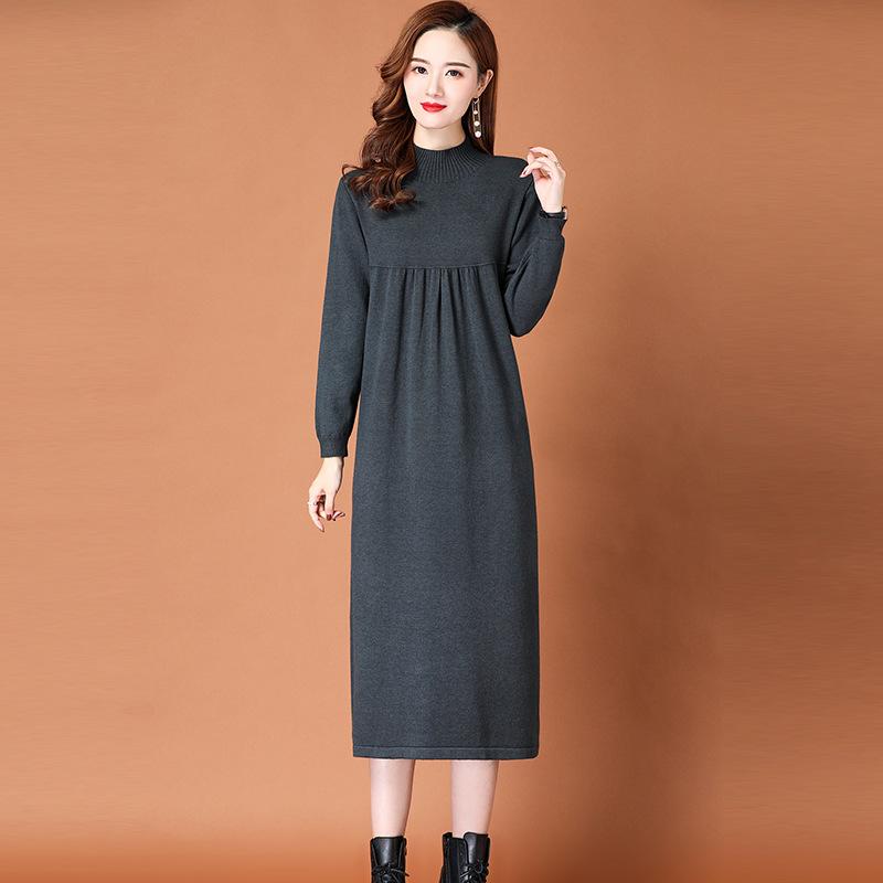 Knitted Dress for Women Loose Mid-length Sweater Long-sleeved Casual Sweater Dress for Autumn and Winter
