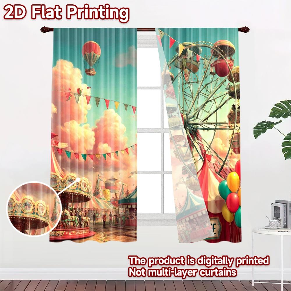 2D flat printing 2pcs Window Treatment Curtains Carnival Ferris Wheel Fun Ride Digital Printed Polyester Drapes Holiday
