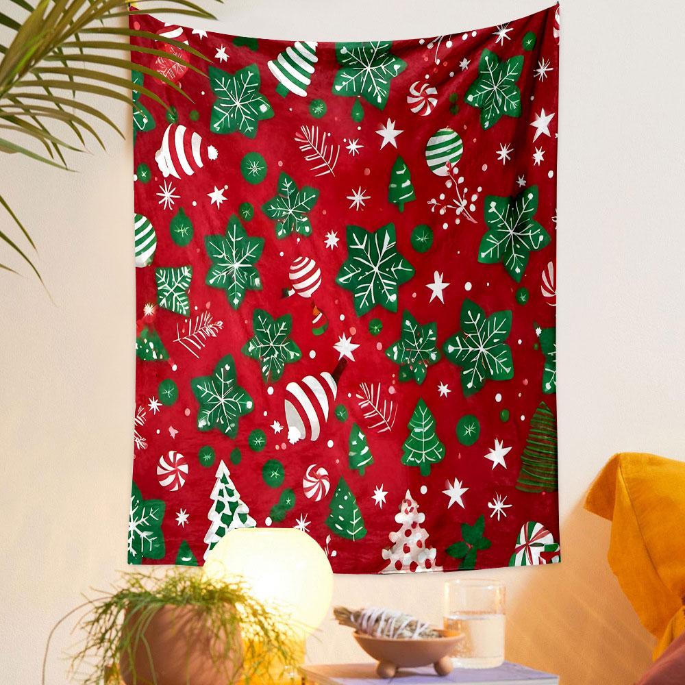 Festive Christmas Pattern on Red Patterned Tapestry Decorative Wall Hanging, Home Bedroom Living Room Decor