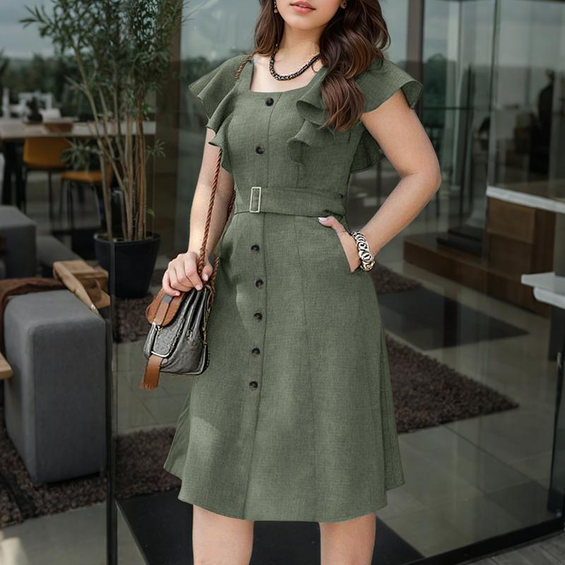 

ZANZEA Женское повседневное платье миди с квадратным воротником, оборками на рукавах и поясом 5XL зелёный