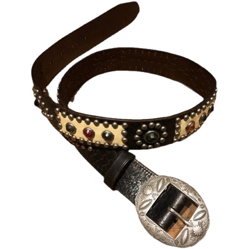 Vintage Western Carved Gemstone Leather Belt for Men and Women