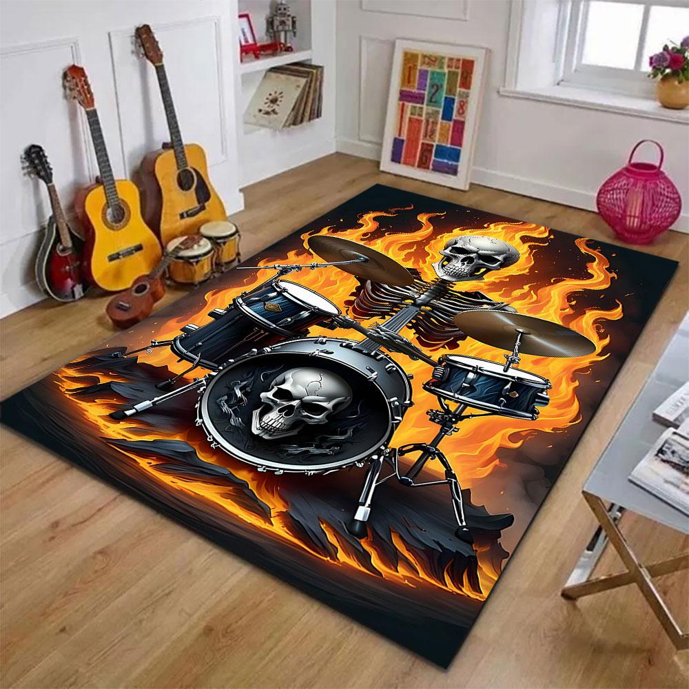 "Skeleton Drummer in Fiery Blaze" Patterned carpet, suitable as a non slip play mat for the living room and bedroom sofa
