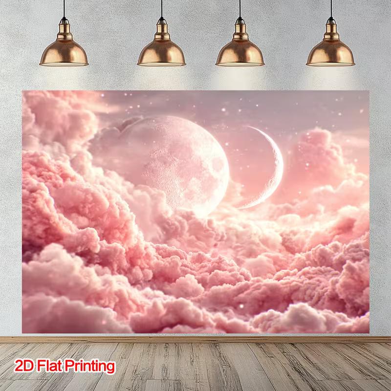 2D Dreamy Pink Clouds with Full Moon & Crescent Moon Backdrop 47.2x31.5inch/120*80cm