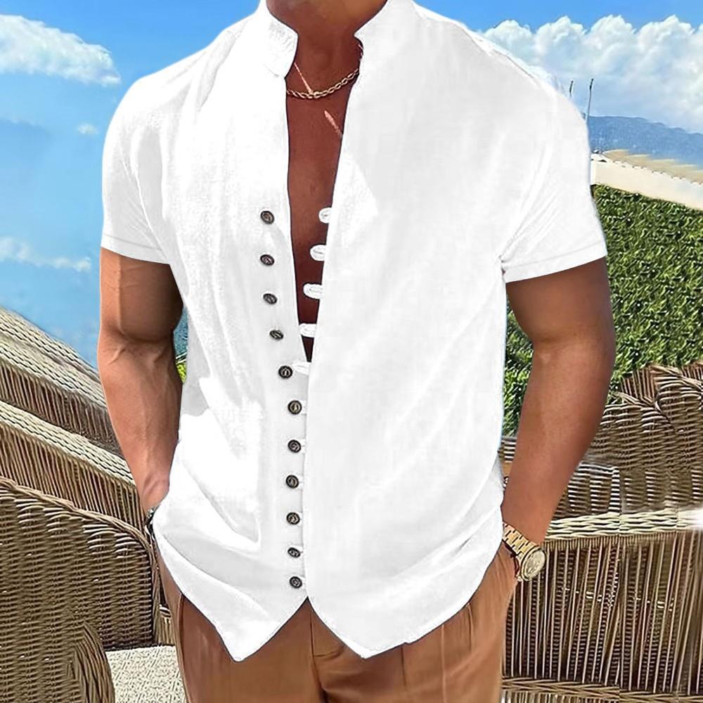 2023 Men's Retro Cotton Linen Short Sleeve Stand Collar Shirt