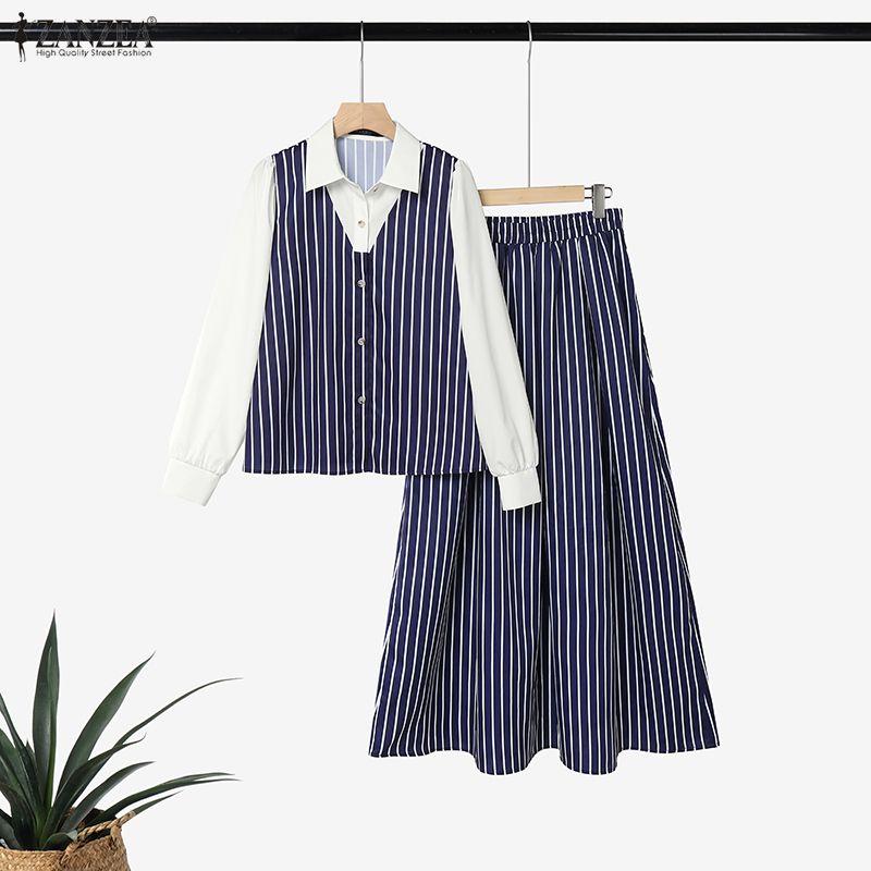 ZANZEA Women Splice Long Sleeve Blouse and Long Skirts Stripe Print Two Piece Sets