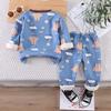 Kids Winter Fleece Lined Thermal Underwear Set Cartoon Print Warm Long Sleeve Top And Pants Home Wear For Boys Girls