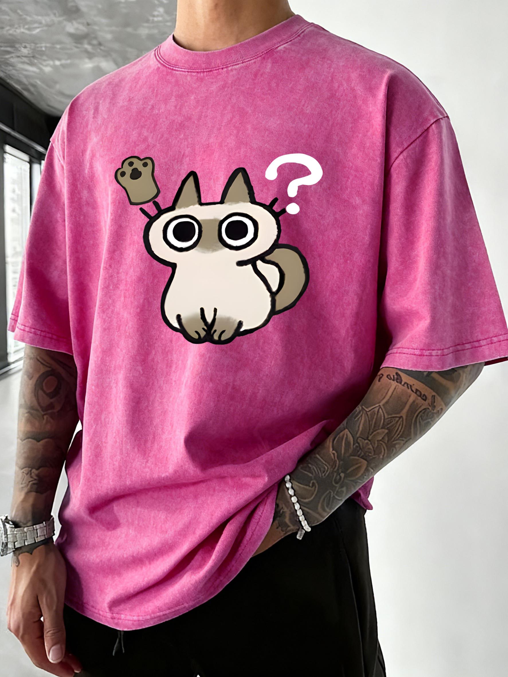 

A Cat Full Of Doubts Pattern Man Washed T Shirts Breathable Vintage TShirt ONeck Soft Clothes Cotton Oversize Short Sleevs S