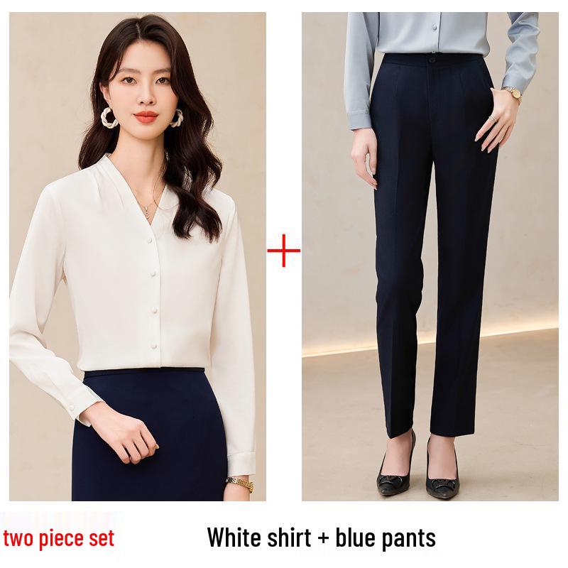 Women's White V-Neck Chiffon Shirt: Formal Spring/Autumn Wear for Interviews and Office.