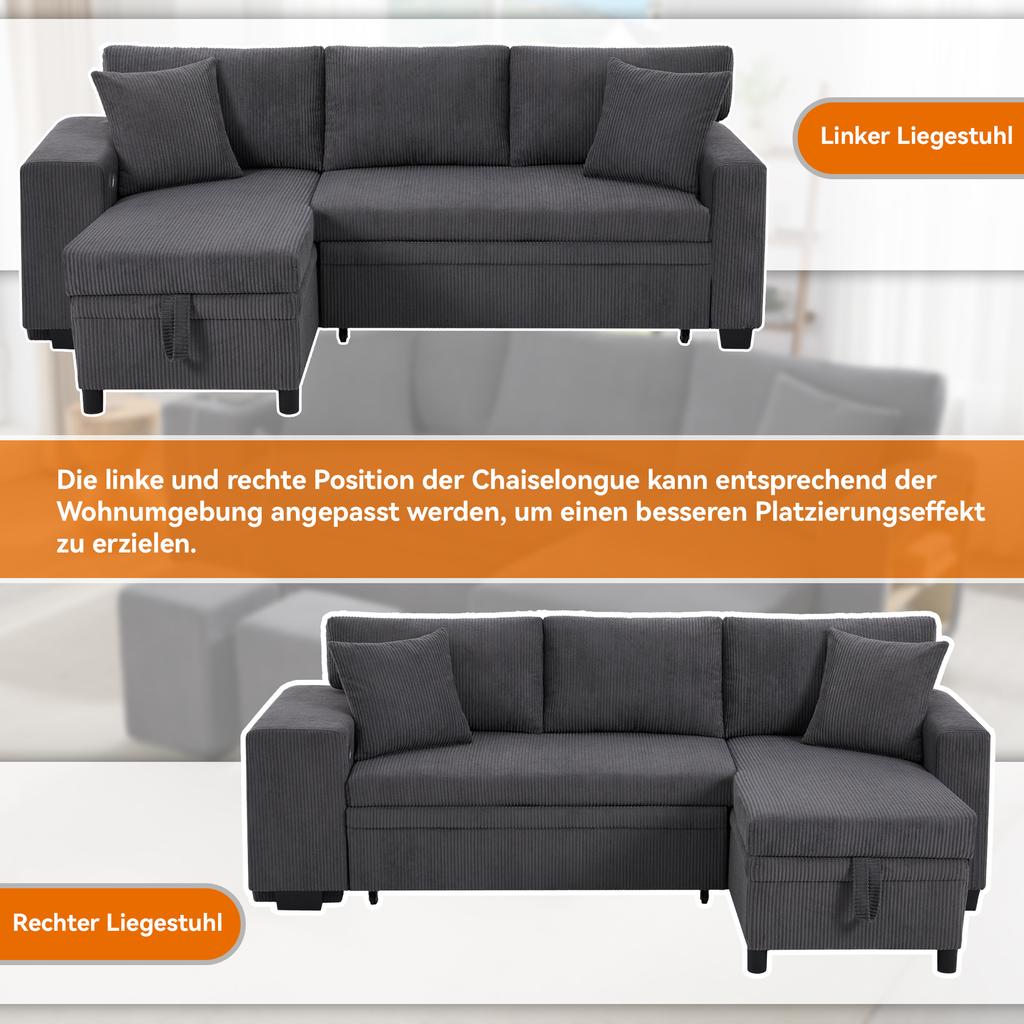 Folding Sofa with Sleep Function, L-Shaped Convertible Corner Sofa with USB Charging Port and Cushions, 3-Seater with Side Shelves and Storage Space