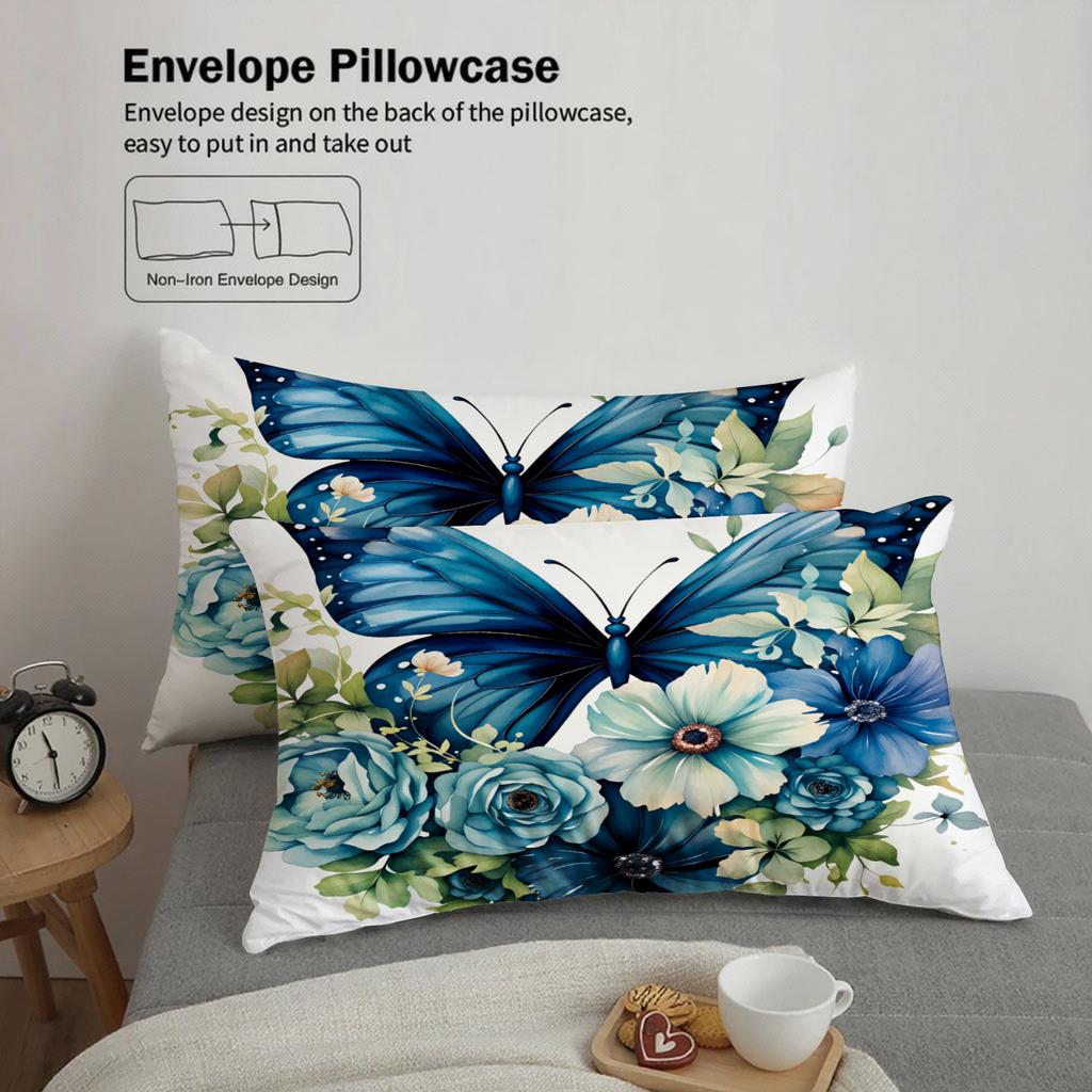 3pcs Butterfly Flower Bedding Sets 3D Printed Blue Floral Easy Care Duvet Cover Sets With Pillowcases No Filling