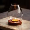 Glass Candlesticks With Cup Cover Transparent Round Candle Holders Home Decor With Wood Base Table Decoration Ornaments Wedding