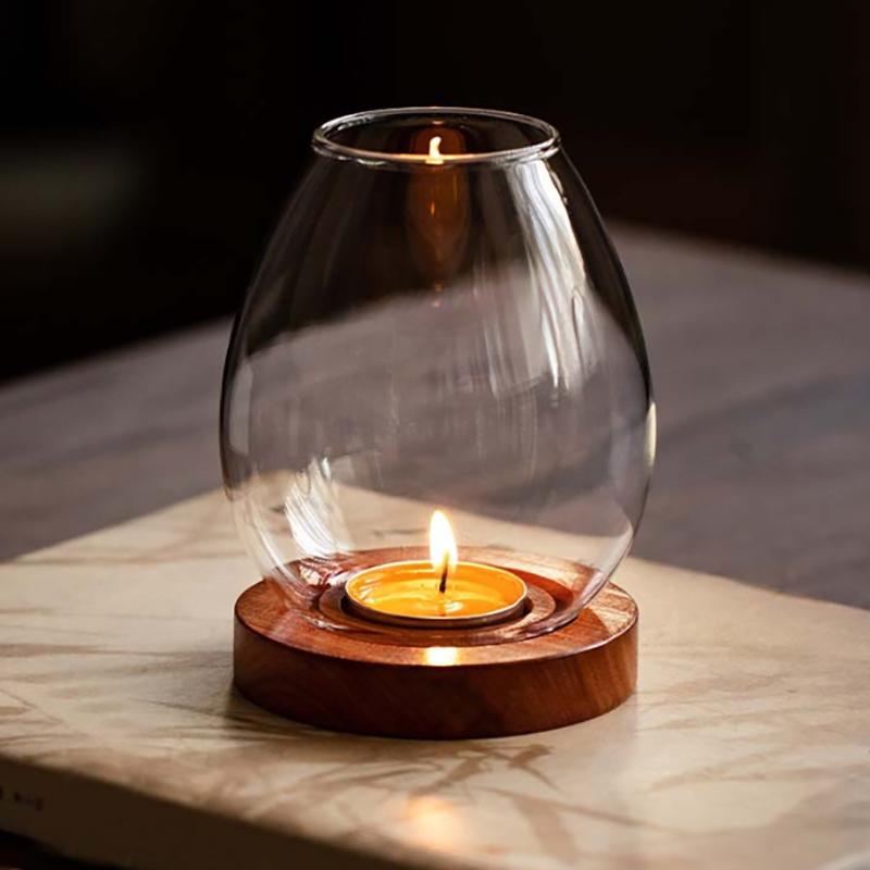 Glass Candlesticks With Cup Cover Transparent Round Candle Holders Home Decor With Wood Base Table Decoration Ornaments Wedding
