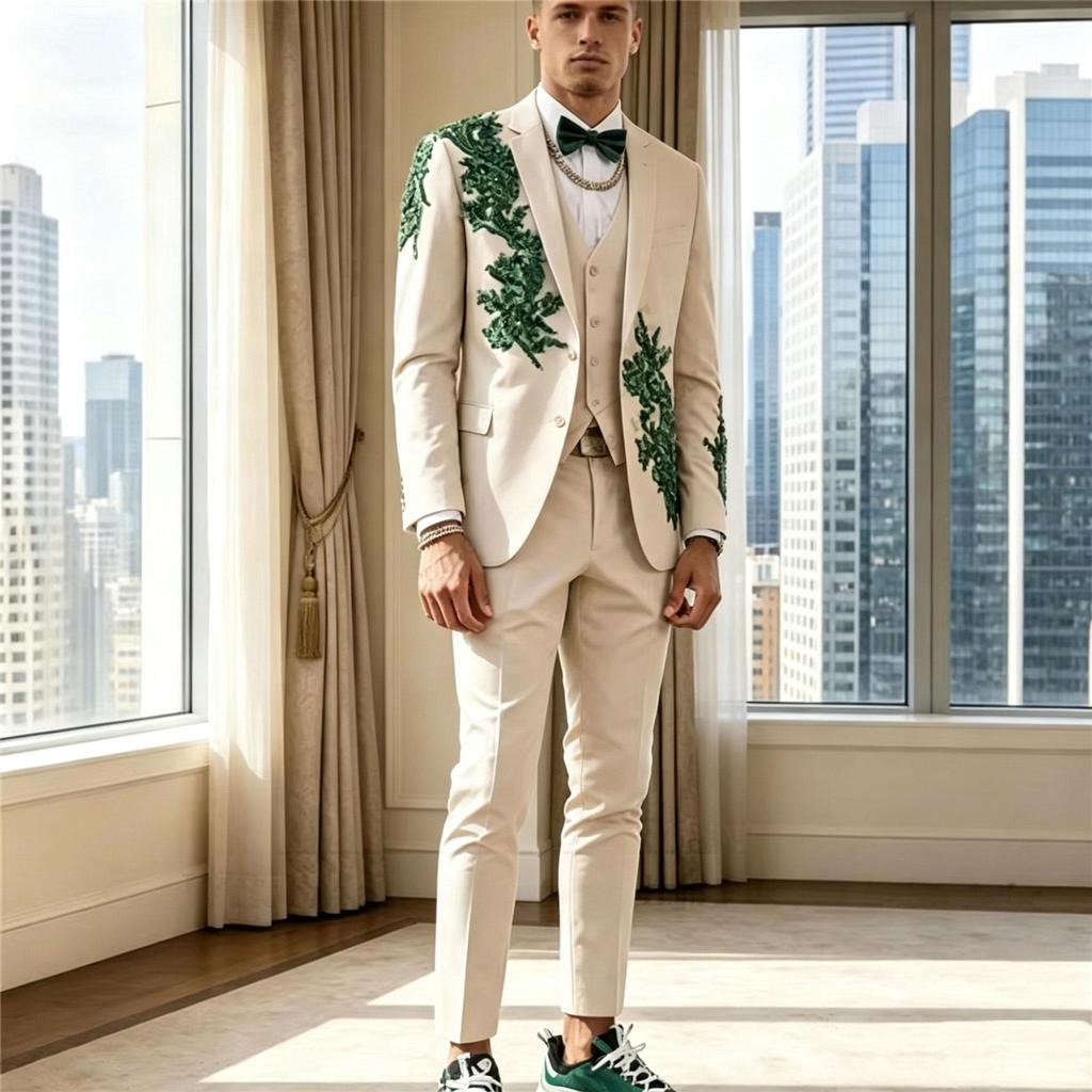 Customized Gorgeous Green Rhinestone Beige Prom Men Slim Fit Notched Lapel Groom Wedding Tuxeods 3 Pieces Sets Costume Homme