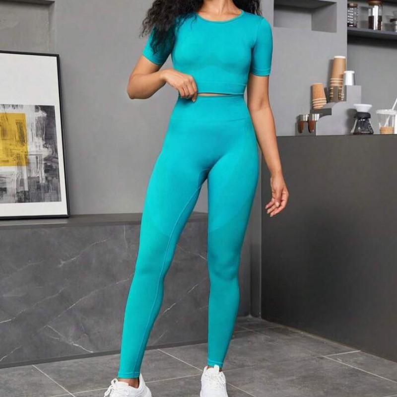 Womens Seamless Yoga Set With High-Waisted Leggings Short Sleeve Top Fitness Training