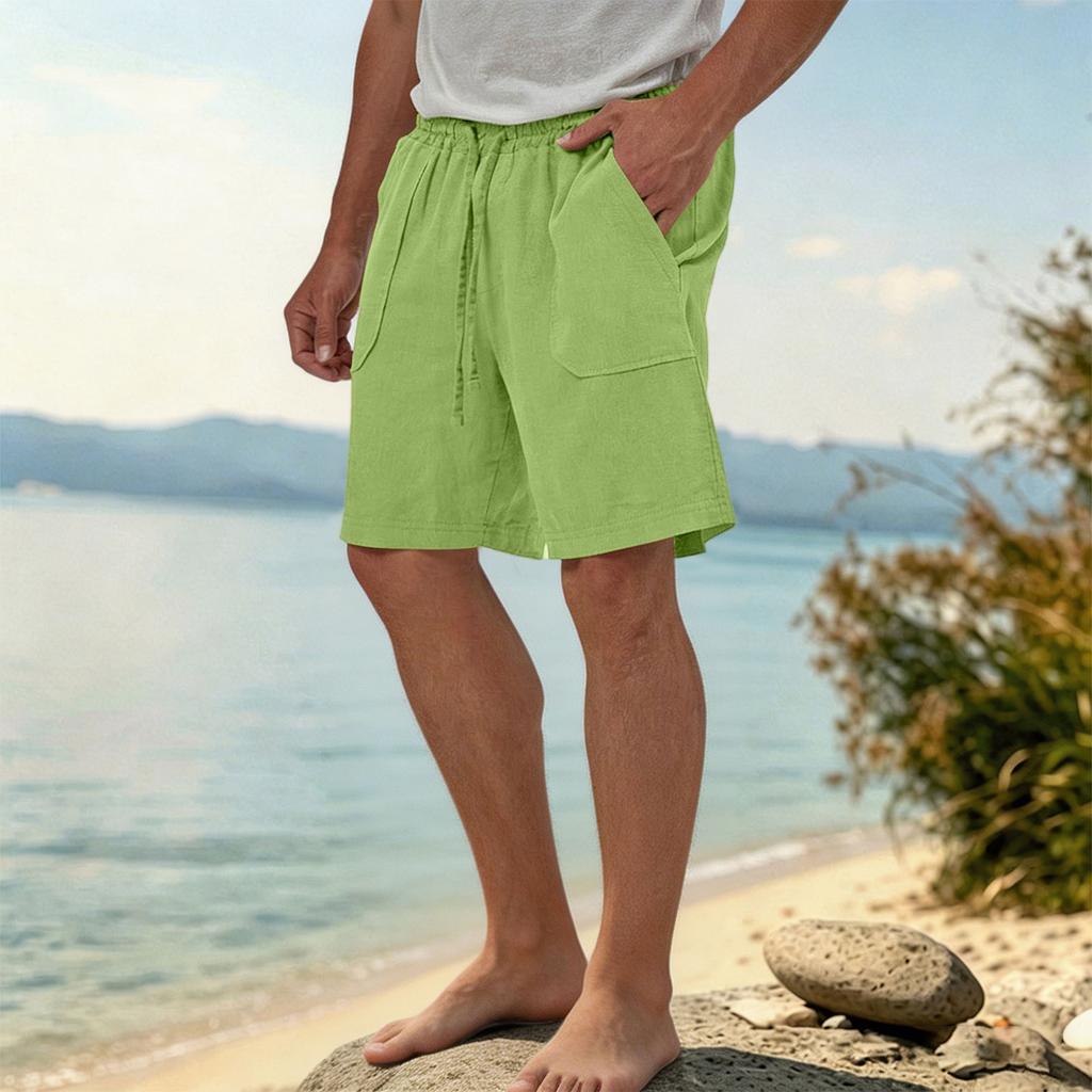 Mens Summer Linen Casual Shorts Loose Fit Lightweight Breathable Beach Shorts with Drawstring Waistband Pockets for Daily Wear