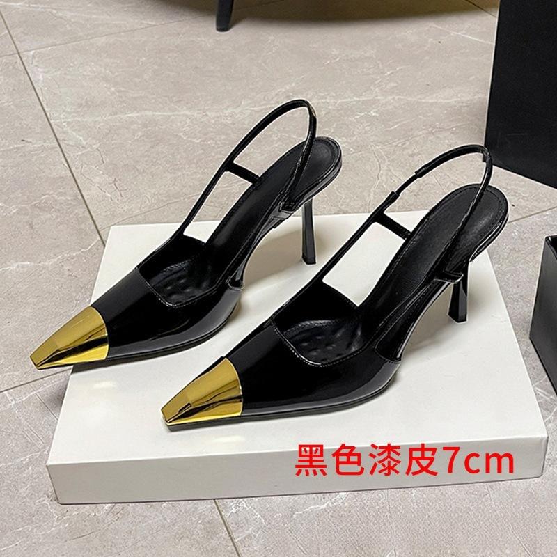 

Metal head 20 new square head women s single shoes high-end matte black bag head sandals Park Caiying high heels 35