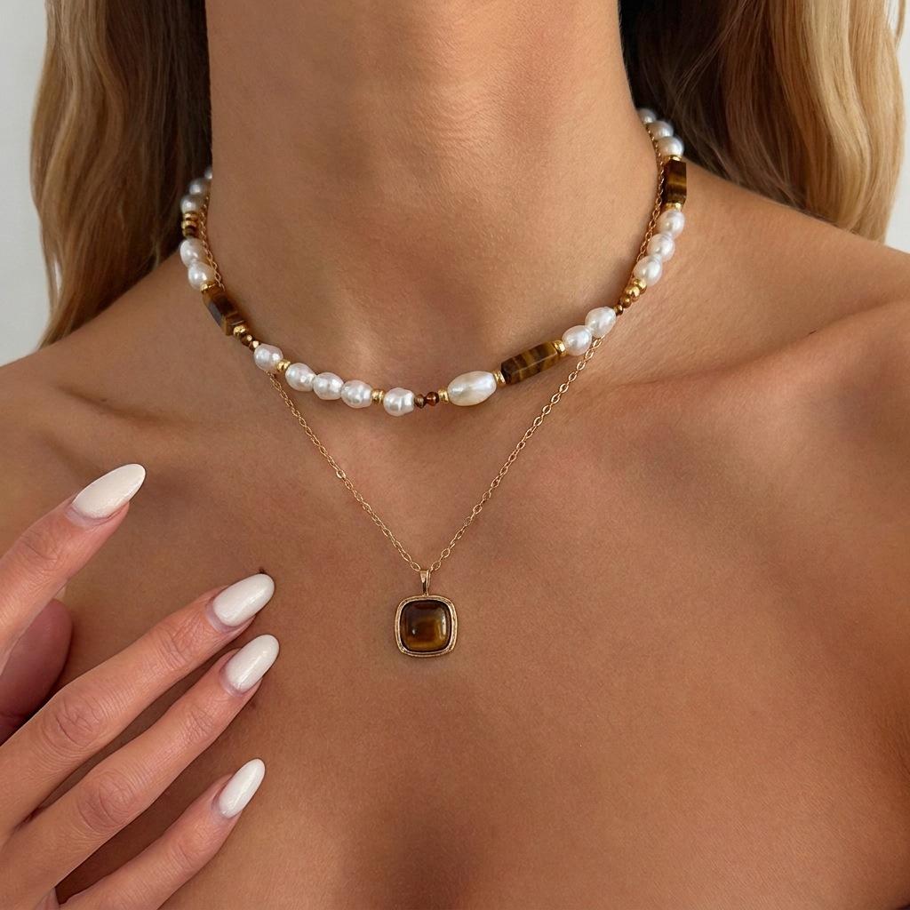 SHEIN Hot-selling New Tiger's Eye Stone Necklace, European and American Fashion Natural Stone Beaded Collarbone Chain, Neck Chain Jewelry.