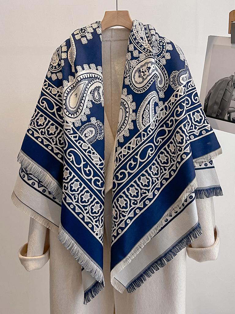 Luxury Women'S Winter Faux Cashmere Scarf Paisley-Inspired Print Tasseled Multi-Way Pashmina Shawl Stylish Accessory