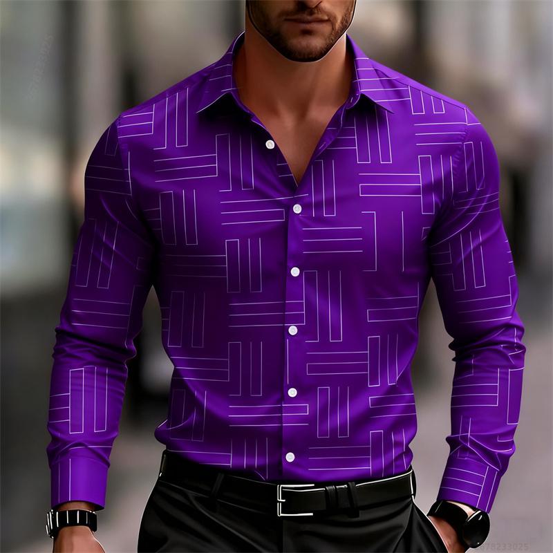 Men's Casual Long-Sleeve Slim Fit Black Geometric Pattern Breathable Versatile Formal Shirt Fashion Outdoor Men's Top