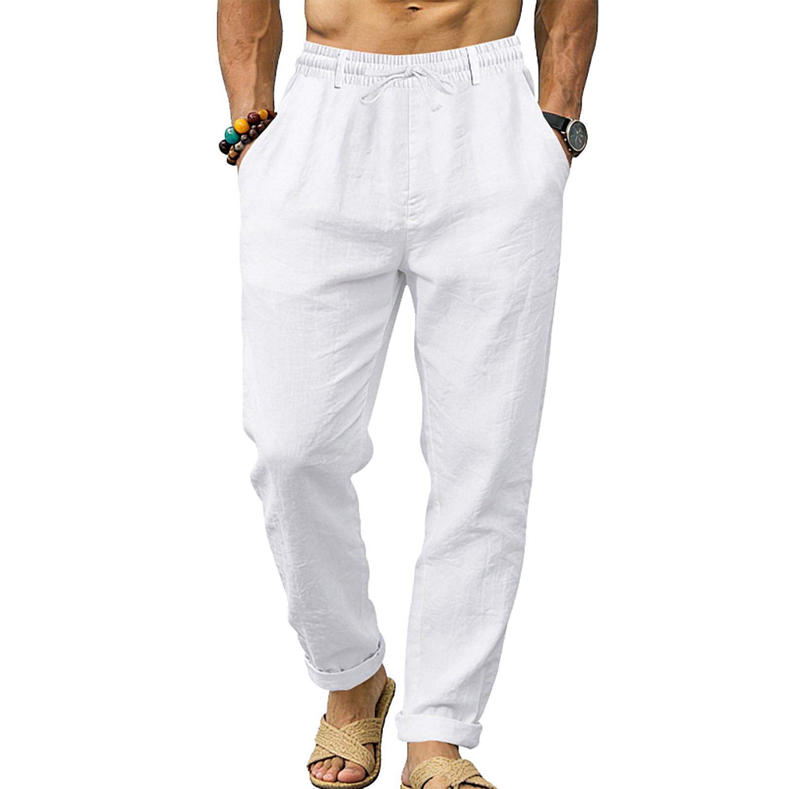 

Men s Linen Loose Fit For Sports Ideal For Vacation And Commuting Straight Leg With Drawstring Long Pants XL білий