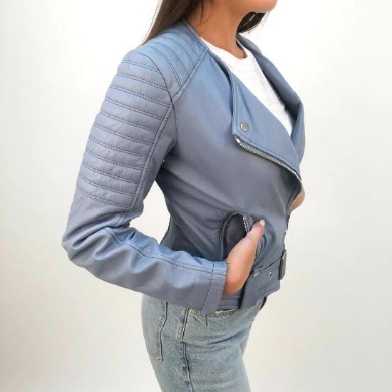 NOORA Women's Real Leather Quilted Biker Jacket