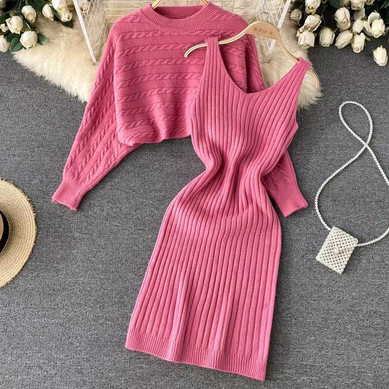 Autumn and winter lazy wind sweater women's loose blouse top two-piece set knitted suspender vest dress
