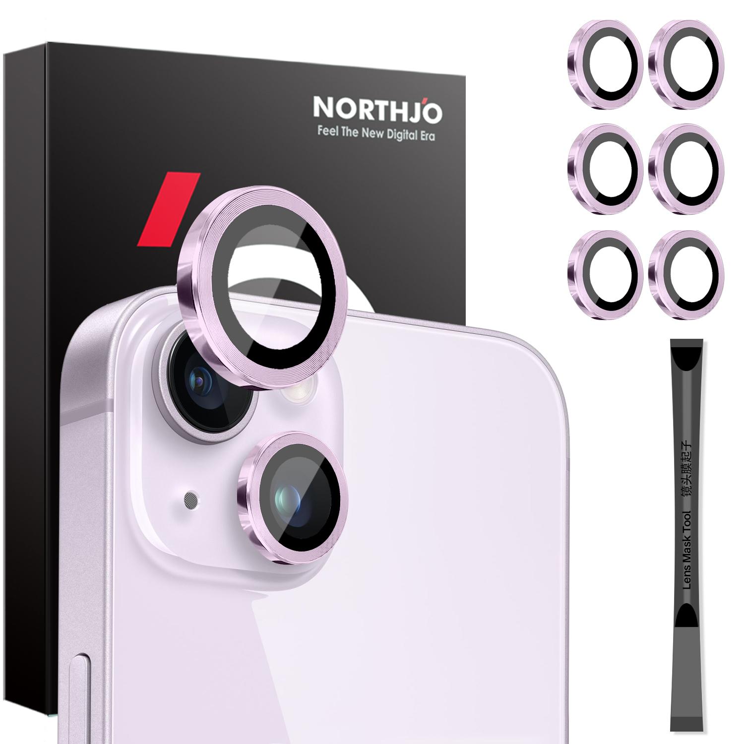 

NORTHJO 3 Sets for iPhone 15/15 Plus/14/14 Plus Tempered Glass Lens Protector CD Veins Metal Ring Lens Film Purple