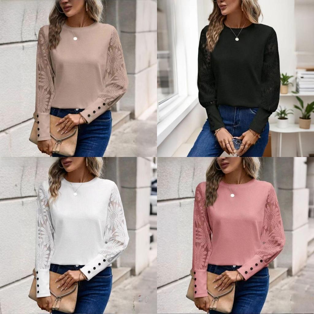 Casual Long Sleeve T Shirt With Embroidered Lace Panel For Spring Women