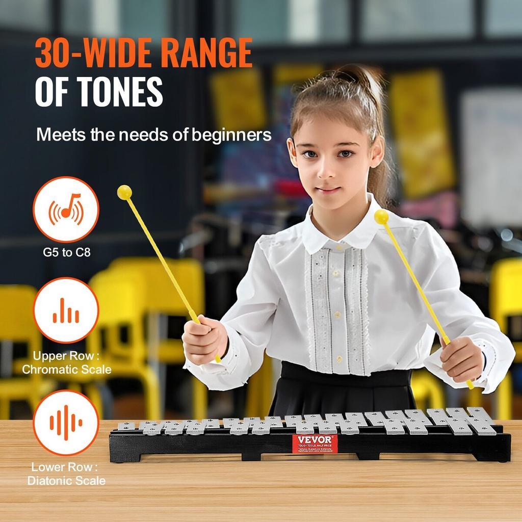 30 Note Glockenspiel Xylophone Bell Kit with Mallets, Drum Sticks and Bag