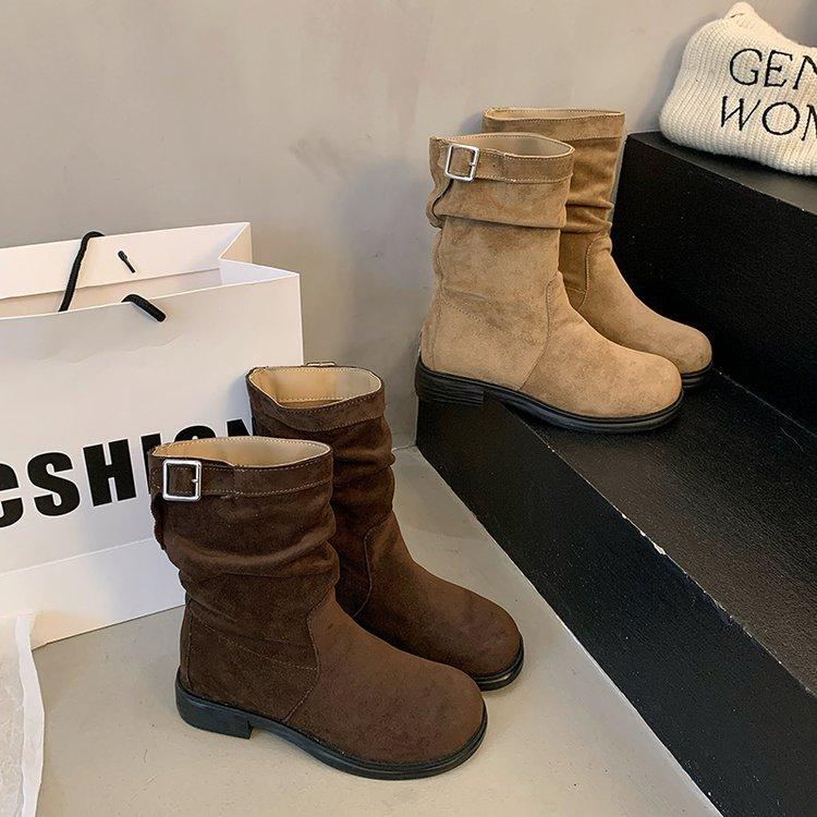 Coarse Heel Retro Medium Boots Martin Boots Women's Shoes 2025 New Autumn and Winter Piled Small Versatile Martin Boots