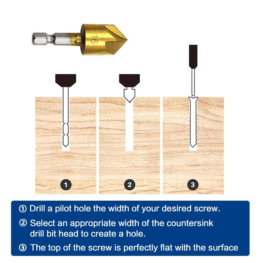 6Pcs Titanium Coated Countersink Drill Bit Set 1/4 Inch Hex Shank 5 Flute 90 Degree Wood Chamfering Cutter