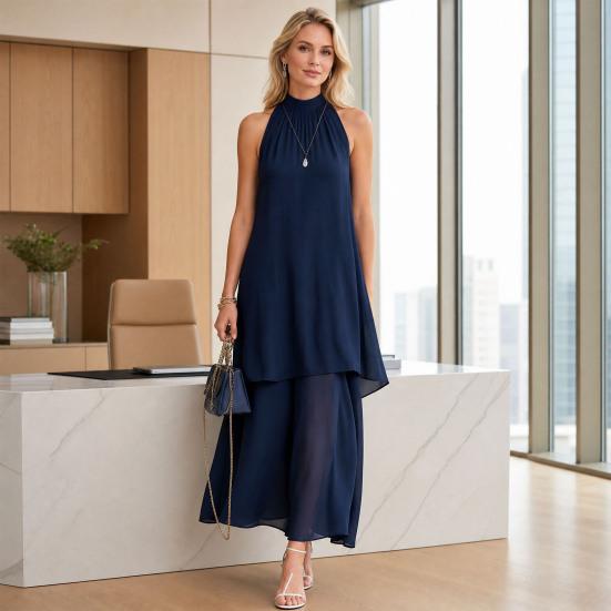 Maxi Abito da Donna Fluido in Chiffon, Senza Maniche con Scollo all'Americana, Abito da Ospite per Matrimonio, Orlo Asimmetrico, Abito da Sera Formale Estivo, Abito da Cocktail