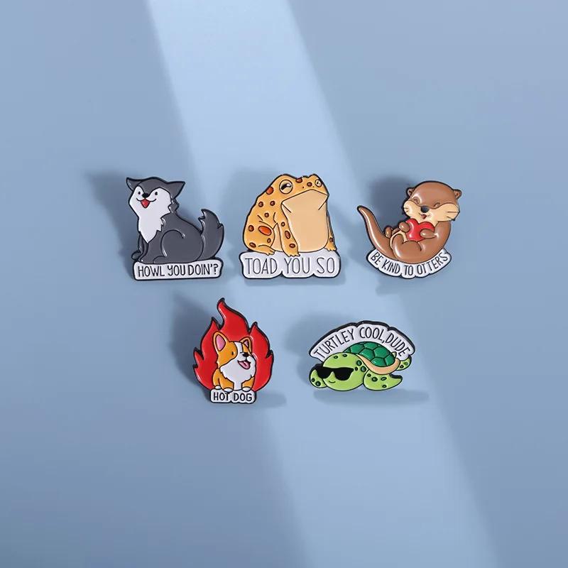 Cute Animals Enamel Pins Cartoon Toad Otters Dog Turtle Wolf Brooch Custom Bag Shirts Lapel Badges Jewelry Gift for Kids Friends