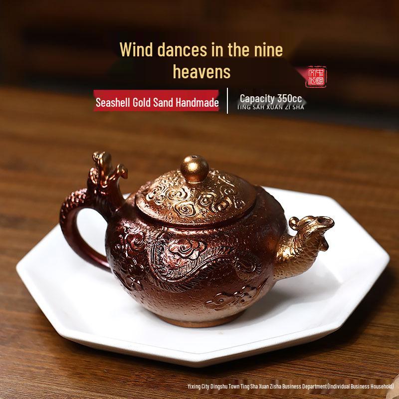 Yixing Artisan Handmade Jinbei Red Stoneware Floral Teapot with Secret Pattern