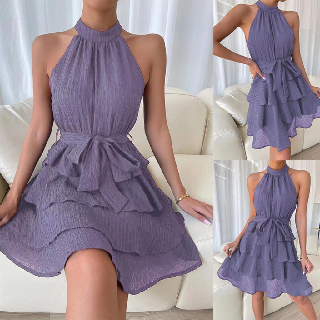 Neckholder-Spleißen-Kleid, einfarbig, Rüschenkleid, ärmellose Chiffon-Kleider, lässiges Damenkleid