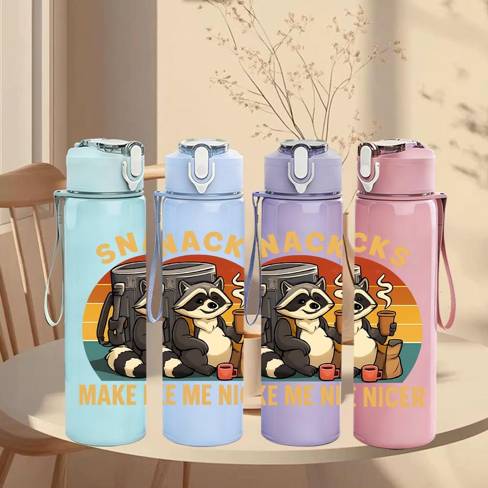 1PC Snacks Make Me Nicer Raccoon Print 750ml Color Plastic Sports Water Bottle Leakproof Flip Straw Lid Suitable for Sports Office Home Use