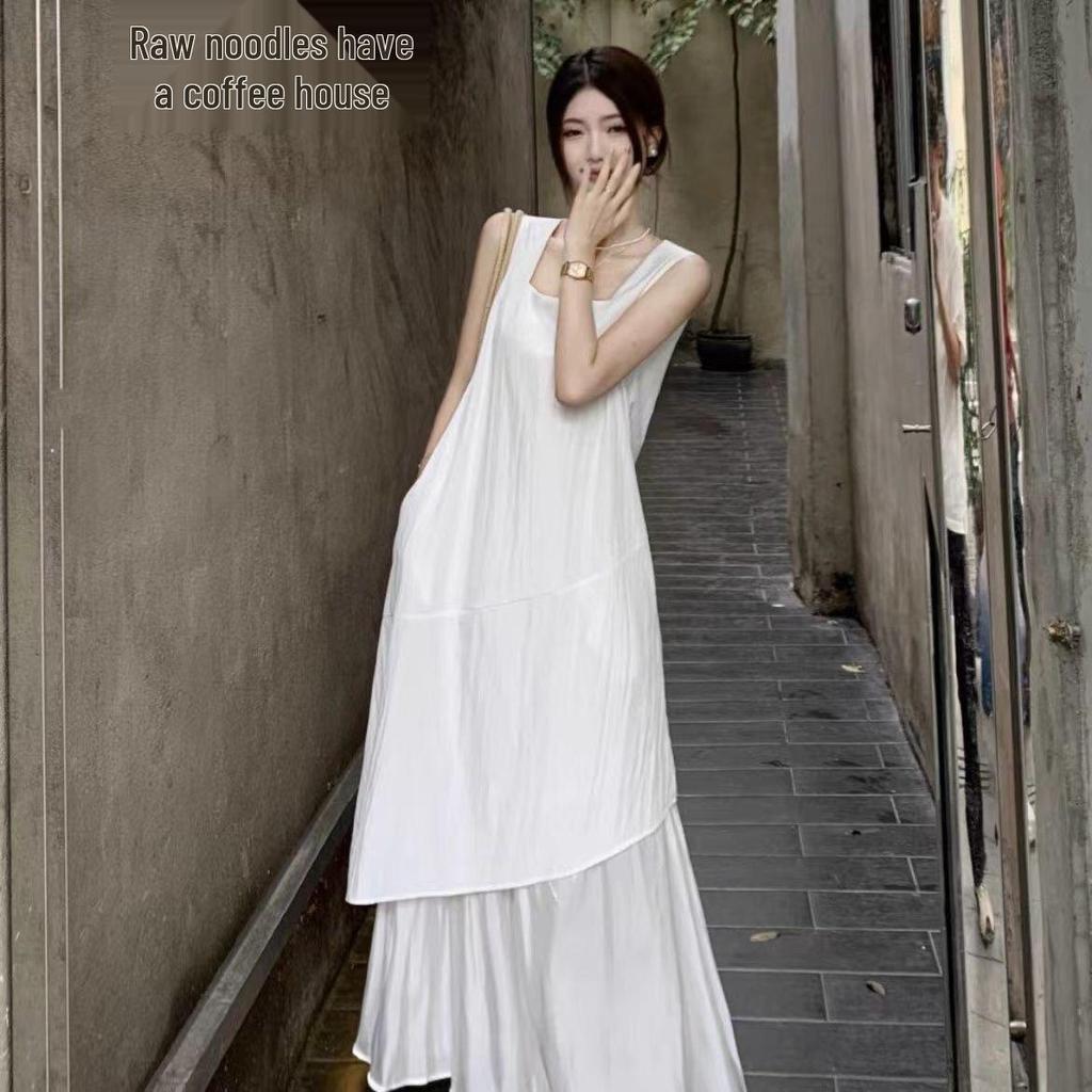 Elegant White Irregular Patchwork Spaghetti Strap Tank Dress