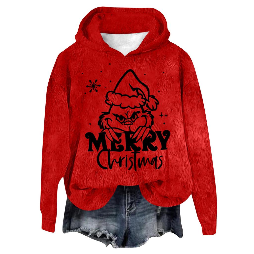 Women's Hooded Long Sleeve Christmas Printed Flannel Top Hooded Sweatshirt