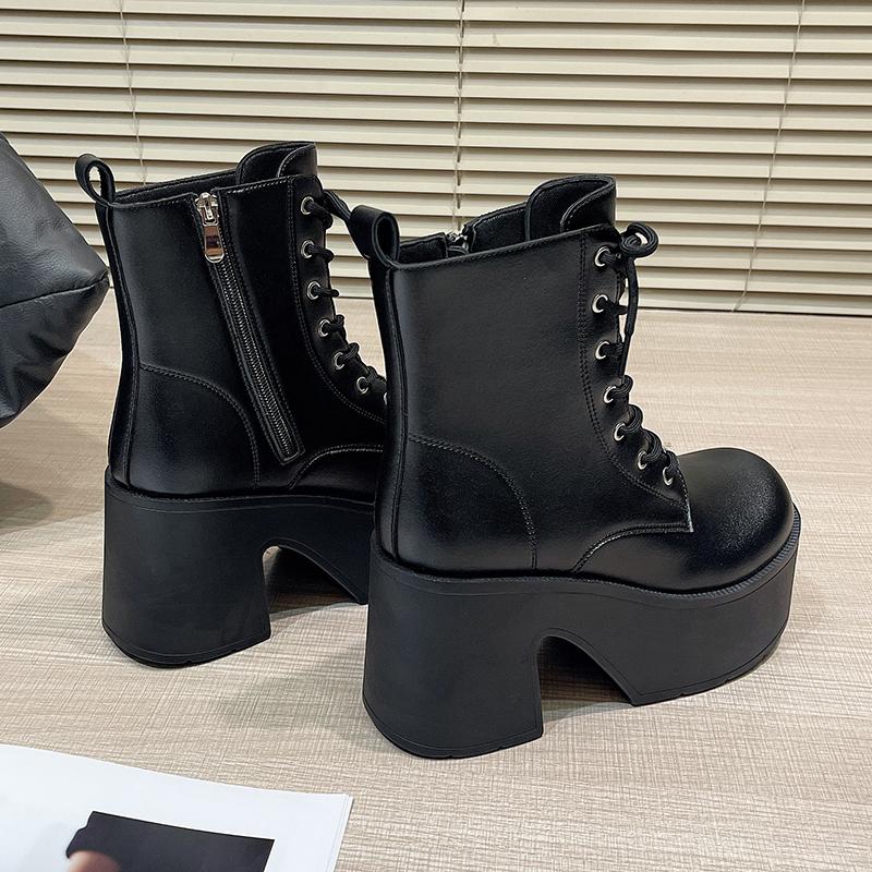 Fashion 12.5CM High Chunky Boots Fashion Lace-Up Thick-Heeled Thick-Soled Motorcycle Boots Waterproof Platform Side Zipper Women's Shoes