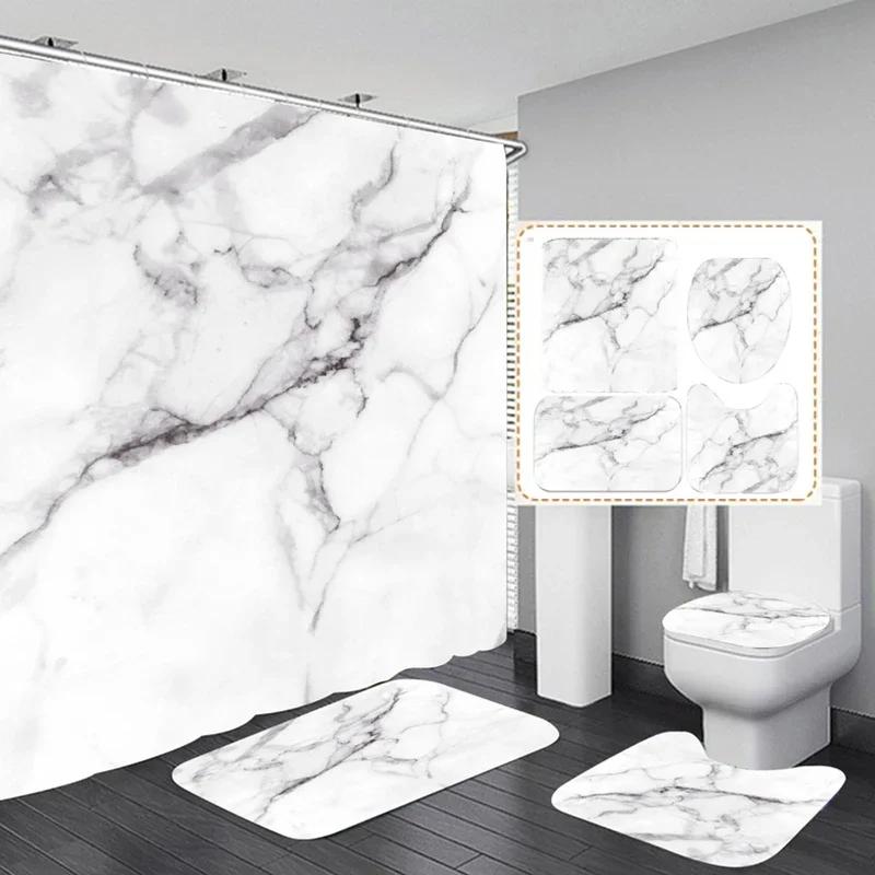 3D Marble Shower Curtain Set Non Slip Bath Rug Waterproof Bathroom  With Hooks Modern Style Toilet Lid Cover Home Decor