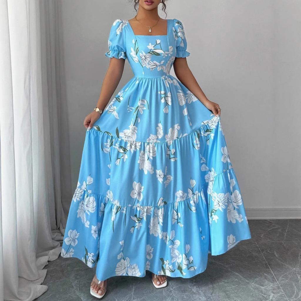 Europe, America, New Long Dress Square Neck Dress Flower Print Elegant Temperament